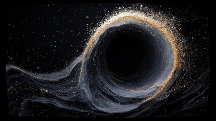 A dark, swirling vortex with streaks of grey smoke and a shimmering edge of golden glitter, set against a black background dotted with small white stars.