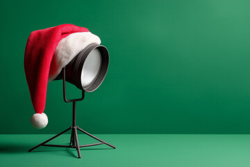 Studio Spotlight with Santa Hat on Green Background