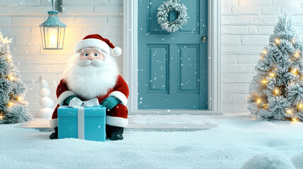 Santa joyfully places gifts beside snowy door