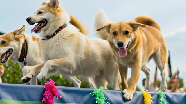 Dog parade performance. Cheerful Dogs Joyfully Running in Colorful Outdoor Parade with Playful Energy Surrounded by Vibrant Decorations and Balloons