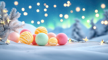 Pastel domes emit soft light, conveying peaceful and serene mood