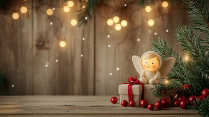 Winter shelf scene evokes cozy, festive mood with holiday spirit