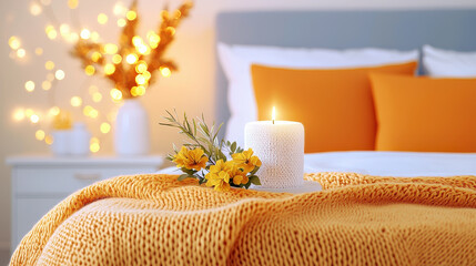 Cozy bedroom interior makes you feel peaceful with burning candle on blanket