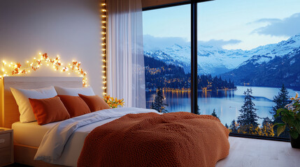 Cozy bedroom with lights feels inviting with scenic mountain view