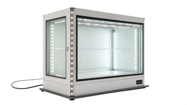 A modern, illuminated display case with glass doors and led lighting, isolated on a transparent background