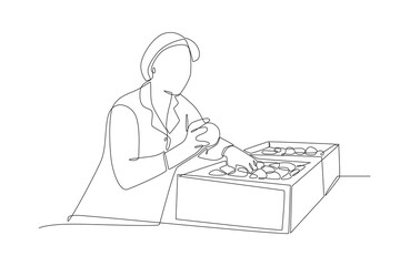 Woman checking food stock in food warehouse. Food warehouses concept one-line drawing