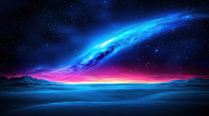 Cosmic landscape evokes sense of awe with glowing nebulas over horizon