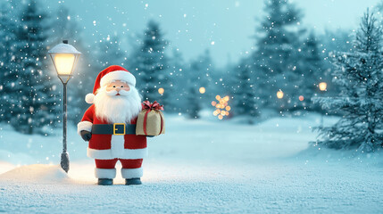 Santa in snow feels joyful carrying gift box under streetlight