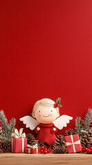 Festive angel doll surrounded by gift and pinecone feels joyful