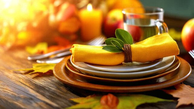 Autumn dining setup with colorful leaves, warm lighting, and cozy table arrangement for a festive gathering