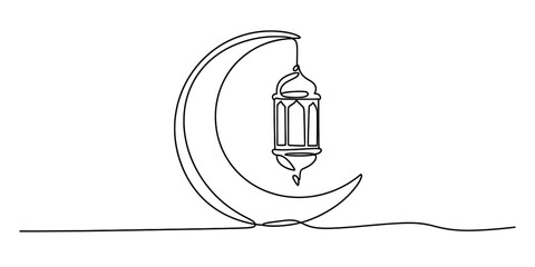 Continuous line drawing of a crescent moon with a hanging islamic lantern, symbolizing ramadan kareem and eid mubarak celebrations