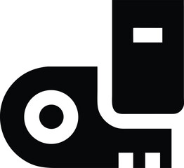 Black glyph illustrates abstract robot silhouette with a circular eye and blocky legs