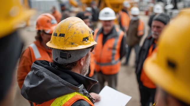Superviseur de chantier avec casque jaune dirigeant une &eacute;quipe d'ouvriers
