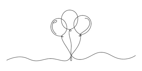 Continuous line drawing of three festive balloons gracefully floating above a minimalist wavy line, symbolizing celebration, joy, and simple graphic. © Single Line Art