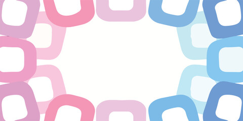 Cornice astratta con forme quadrate arrotondate in tonalità pastello rosa e blu su sfondo bianco.
