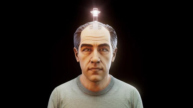 Conceptual 3D animation of a man with baldness and aging