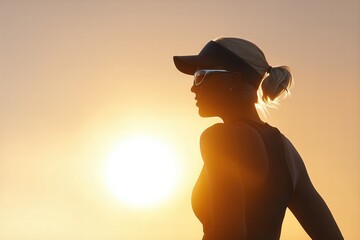 Female Athlete In Sportswear Looking Sideways During Sunset Training. Strong Silhouette Against Golden Sky. Evening Workout Inspiration