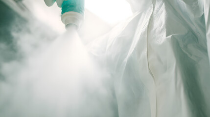 decontamination. A white hazmat suit being sprayed with mist in a clean room. safety posters, maintenance manuals, designed for precision metalworking and fabrication facilities.