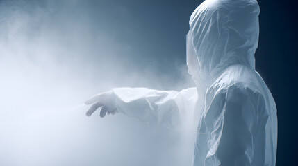 Naklejka premium decontamination. A white hazmat suit being sprayed with mist in a clean room. safety posters, maintenance manuals, designed for precision metalworking and fabrication facilities.