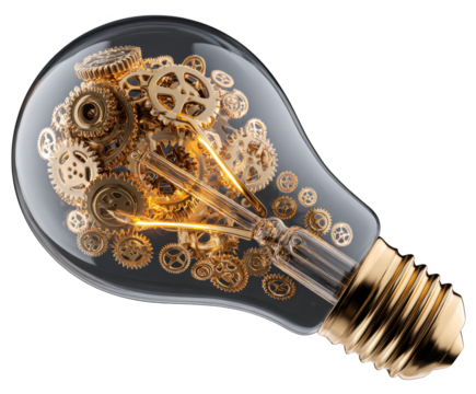 Bright light bulb object with glass filament inspires the concept of electric energy and innovation, isolated on a white background.