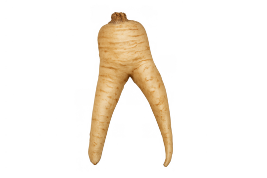 Ugly misshapen parsnip with two roots forming legs, organic root vegetable walking on transparent background
