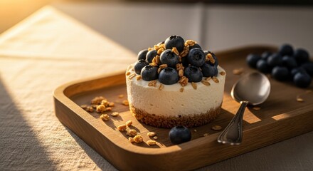 A delicious blueberry cheesecake on a wooden tray, bathed in warm sunlight, with a spoon and fresh blueberries on the side, perfect for a dessert advertisement or food blog