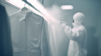 decontamination. A white hazmat suit being sprayed with mist in a clean room. safety posters, maintenance manuals, designed for precision metalworking and fabrication facilities.