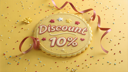Discount announcement with decorative cookie and festive elements on yellow background