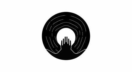 Abstract symbol of open hands reaching towards a bright light within a circular design
