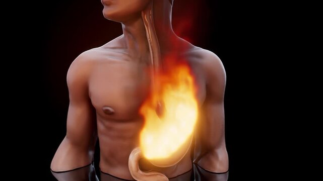 Conceptual 3D animation of a man with his stomach on fire