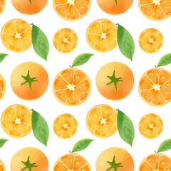 Watercolor pattern with orange, fruit, in soft orange tones, hand drawing style, vector illustration, delicate details, seamless design, white background.