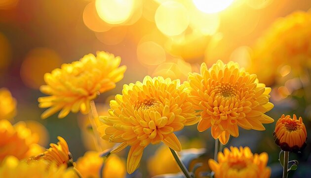 A close-up view of bright yellow chrysanthemums in full bloom, illuminated by the soft glow of golden sunlight.