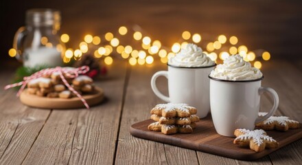 Two white mugs filled with hot chocolate and topped with whipped cream, surrounded by gingerbread cookies and a jar of milk with a string of lights in the background.
