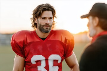 American Football Player With Long Hair Wearing Red Jersey Talking With Coach On Field. Outdoor Training Before Sunset. Sports Leadership Concept