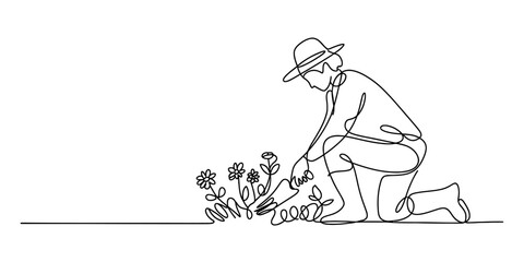 Minimalist continuous line drawing of a gardener in a hat kneeling, nurturing growing flowers, representing nature connection and care.