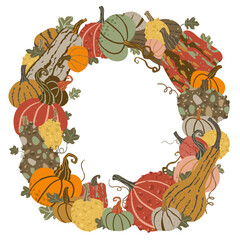 Wreath of pumpkins and squash with a white background and it looks like a fall decoration