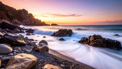 A serene coastal landscape at sunset, featuring rugged cliffs, a pebble beach, and the ocean with foamy waves.
