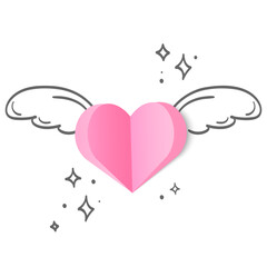 Love and Valentine Concept Paper Heart with drawing by hand with wings and sparkles on white, for Valentines Day cards,romantic messages, social media posts, and love themed design.Vector illustration