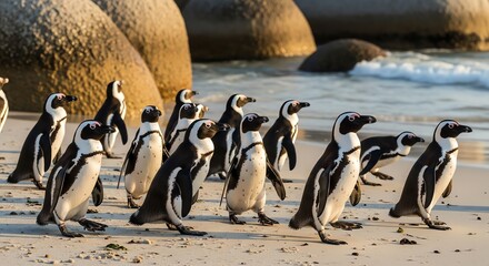 African penguins on sandy beach near ocean rocks