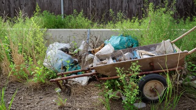 Old rusty wheelbarrow filled with mixed garbage waste dumped in overgrown grassy neglected outdoor area representing environmental pollution littering problem awareness concept abandoned cleanup respo