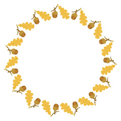 Wreath yellow leaves and cute acorns oa a white background