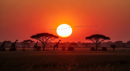 African savanna sunset with giraffes and birds
