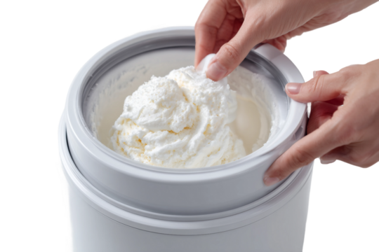 Delicious ice cream preparation at home using ice cream maker isolated on transparent background