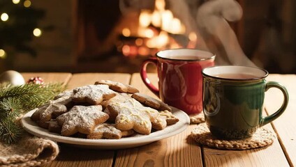 Cozy Christmas scene with cookies and hot drinks by the fireplace.