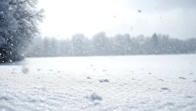 Snow falling on a winter landscape with trees and a frozen lake.