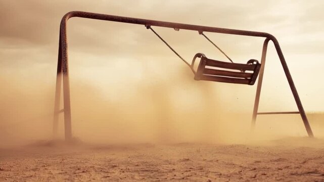 Abandoned playground swing moving in dusty wind storm atmosphere creating lonely forgotten childhood memory scene symbolizing emotional isolation climate change drought psychological nostalgia sadness