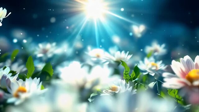 Close Up Of White Daisy Flowers Blooming In A Field Under Bright Sunlight With Soft Bokeh Effect And Blue Sky Background
