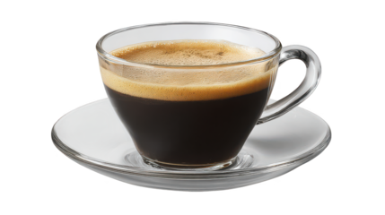 Hot morning beverage with espresso cappuccino and brown foam on white saucer.