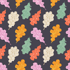 Seamless colorful pattern of orange, green, and purple leaves on a dark background