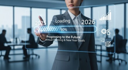 A businesswoman in a suit is pressing a virtual interface with a progress bar indicating the year 2026, with a loading message and various data and charts.